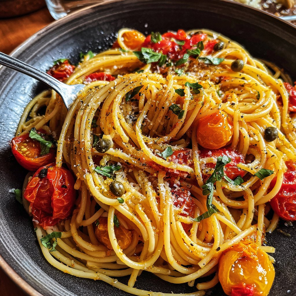 Spaghetti mit Kapern und Tomaten