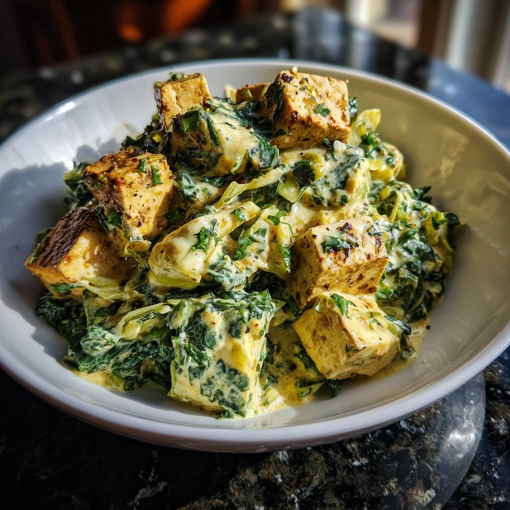 Veganer Sahne-Wirsing mit würzigem Tofu